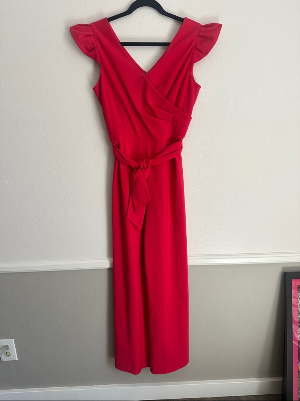 Elegant Red Cap-Sleeve Wrap Pantsuit